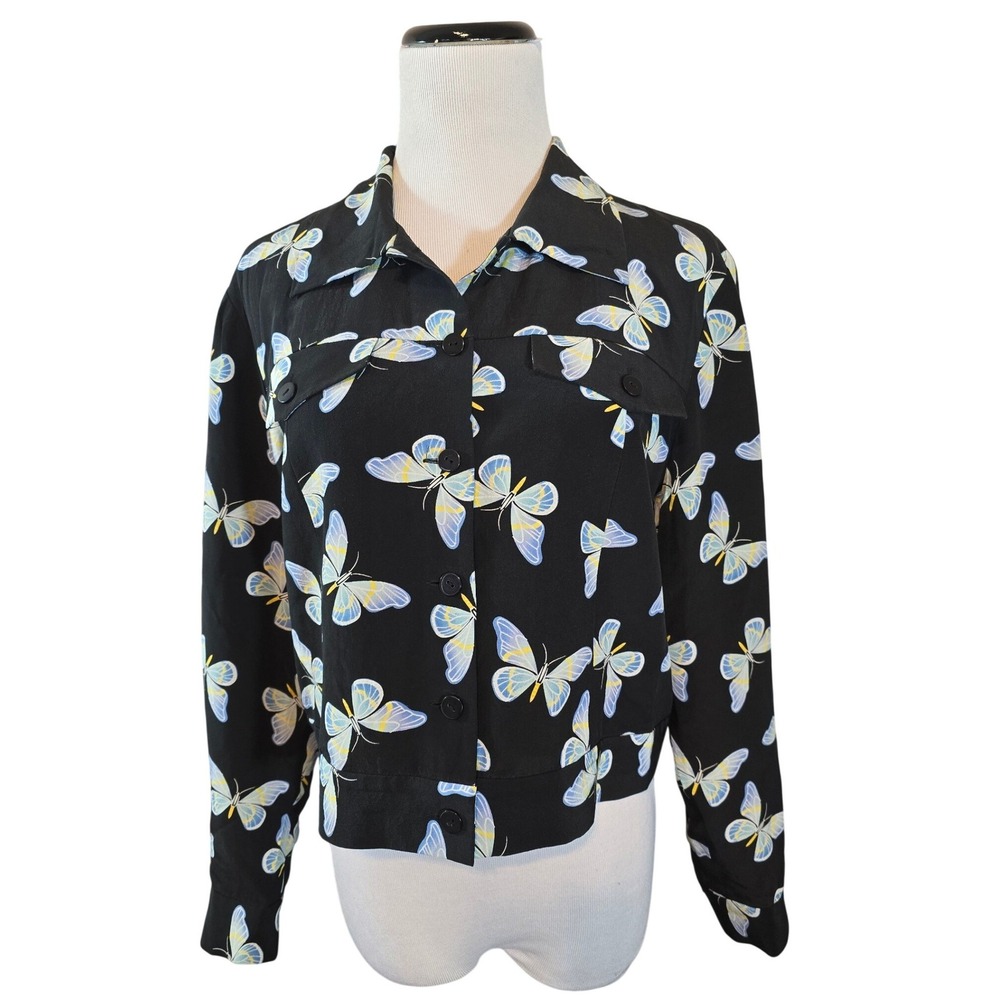 Maggy L Womens 12P Silk Butterfly Print Button Front Cropped Shirt Jacket